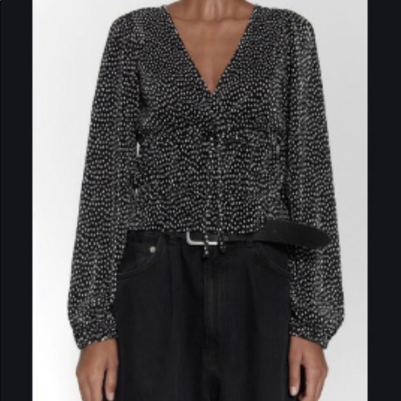 Zara Pleated Polka Dot Long Sleeve Top - Picture 6 of 6